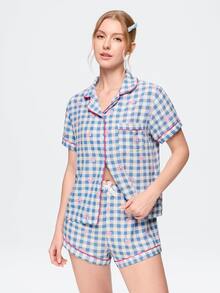 Bonmuse Valentine's Day Bow Plaid Short Women's Pajama Set - Short Sleeve Button Collar Top And Pants, Soft Satin Pajamas, Machine Washable, Suitable For Outdoor Wear - Multicolor - View 1