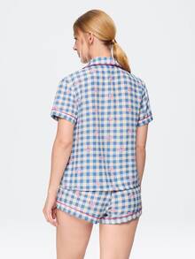 Bonmuse Valentine's Day Bow Plaid Short Women's Pajama Set - Short Sleeve Button Collar Top And Pants, Soft Satin Pajamas, Machine Washable, Suitable For Outdoor Wear - Multicolor - View 2