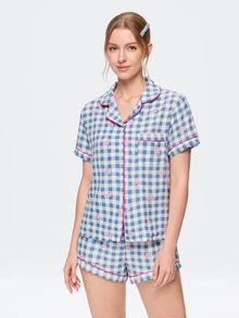 Bonmuse Valentine's Day Bow Plaid Short Women's Pajama Set - Short Sleeve Button Collar Top And Pants, Soft Satin Pajamas, Machine Washable, Suitable For Outdoor Wear - Multicolor - View 3