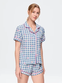 Bonmuse Valentine's Day Bow Plaid Short Women's Pajama Set - Short Sleeve Button Collar Top And Pants, Soft Satin Pajamas, Machine Washable, Suitable For Outdoor Wear - Multicolor - View 4