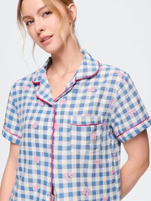 Bonmuse Valentine's Day Bow Plaid Short Women's Pajama Set - Short Sleeve Button Collar Top And Pants, Soft Satin Pajamas, Machine Washable, Suitable For Outdoor Wear - Multicolor - View 8
