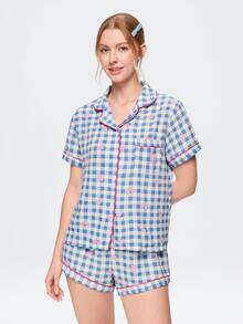 Bonmuse Valentine's Day Bow Plaid Short Women's Pajama Set - Short Sleeve Button Collar Top And Pants, Soft Satin Pajamas, Machine Washable, Suitable For Outdoor Wear - Multicolor - View 6