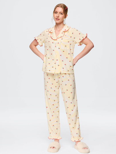 Bonmuse 2pcs/Set Women's Pajama Set, Elegant Ruffle Short Sleeve Long Pants Pajama Set, Open Front Collar Comfortable Sleepwear - Soft Short Sleeve Button-Up Top And Elastic Waist Long Pants, Casual Loungewear