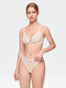 Bonmuse Heart Print Lace Trim Mesh Lingerie Set, Adjustable Straps Back Hook Bra & Brief Panty - White - View 5