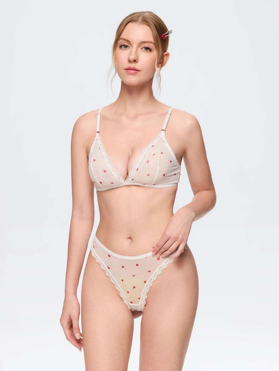 Bonmuse Heart Print Lace Trim Mesh Lingerie Set, Adjustable Straps Back Hook Bra & Brief Panty