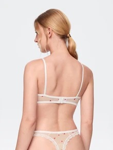 Bonmuse Heart Print Lace Trim Mesh Lingerie Set, Adjustable Straps Back Hook Bra & Brief Panty - White - View 3