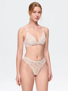 Bonmuse Heart Print Lace Trim Mesh Lingerie Set, Adjustable Straps Back Hook Bra & Brief Panty - White - View 6