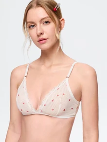 Bonmuse Heart Print Lace Trim Mesh Lingerie Set, Adjustable Straps Back Hook Bra & Brief Panty - White - View 8