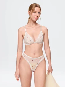 Bonmuse Heart Print Lace Trim Mesh Lingerie Set, Adjustable Straps Back Hook Bra & Brief Panty - White - View 10