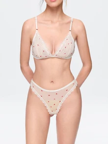 Bonmuse Heart Print Lace Trim Mesh Lingerie Set, Adjustable Straps Back Hook Bra & Brief Panty - White - View 7