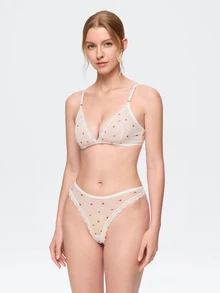Bonmuse Heart Print Lace Trim Mesh Lingerie Set, Adjustable Straps Back Hook Bra & Brief Panty - White - View 4
