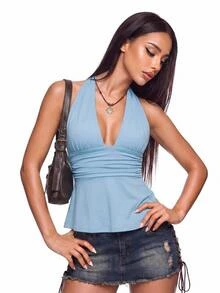 SHEIN ICON 万圣节女士露背吊带黑色娃娃衫 - 淺藍色 - 查看 11