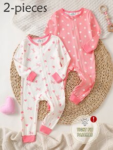2件組女嬰長袖連身衣與內搭褲套裝，羅紋粉色與杏色波點愛心蝴蝶結印花，簡約時尚舒適柔軟居家服，四季適用 - 粉色 - 查看 3