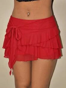 SHEIN ICON Falda negra mini Y2K de baja altura para mujer con ribete de volantes de múltiples capas - Rojo - Ver 6