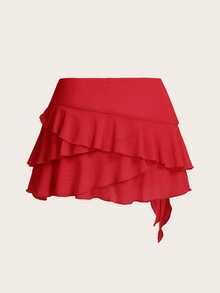 SHEIN ICON Falda negra mini Y2K de baja altura para mujer con ribete de volantes de múltiples capas - Rojo - Ver 2