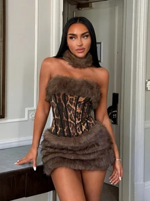 SHEIN SXY Faux Fur Patchwork Leopard Print Sexy Bodysuit - Multicolor - View 6