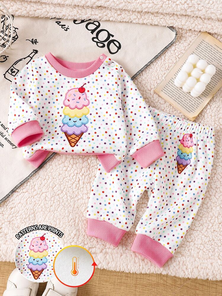 Newborn Baby Girl Set Cute Sweet Colorful Polka Dot Fun Ice Cream Print Crew Neck Long Sleeve Fleece Sweatshirt Set Colorful Polka Dot Ice Cream Print Crew Neck Long Sleeve Fleece Sweatshirt Pants Soft Fabric Suitable For Outings Autumn/Winter - Multicolor - View 5