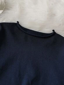 Minimalist Striped Tween Girl Crew Neck Long Sleeve Sweater And Drawstring Waist Knit Pants Set - Navy Blue - View 3