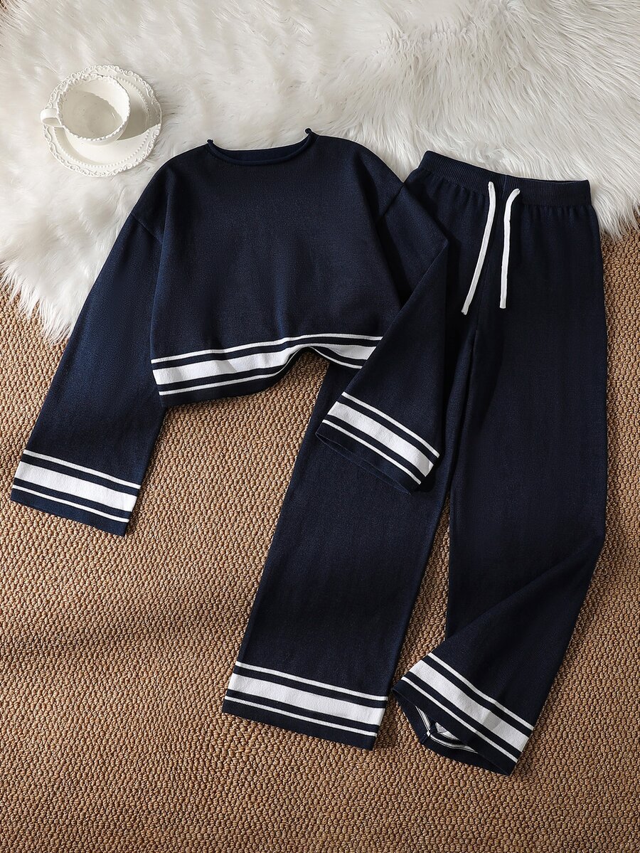 Minimalist Striped Tween Girl Crew Neck Long Sleeve Sweater And Drawstring Waist Knit Pants Set - Navy Blue - View 1