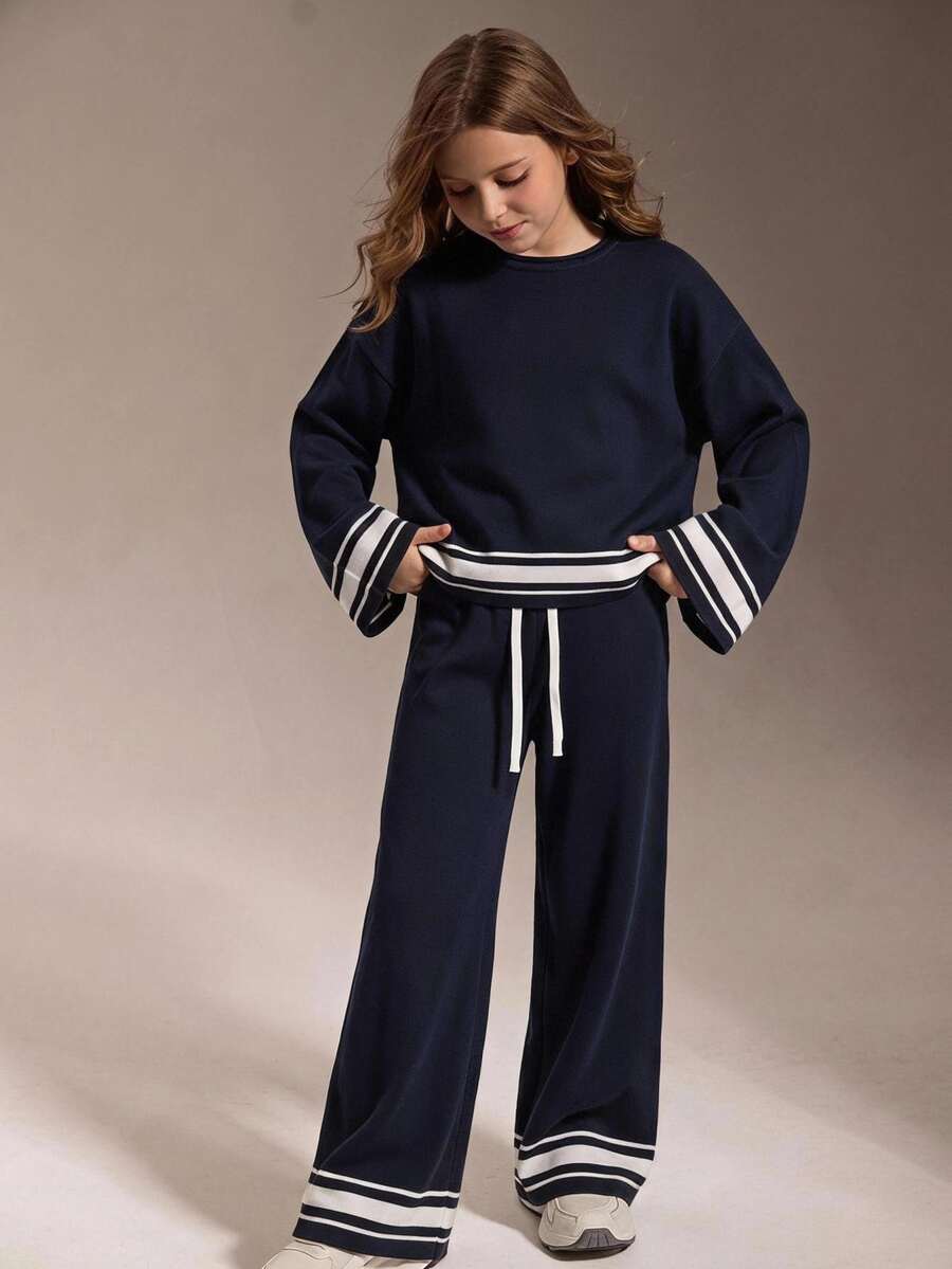Minimalist Striped Tween Girl Crew Neck Long Sleeve Sweater And Drawstring Waist Knit Pants Set - Navy Blue - View 1
