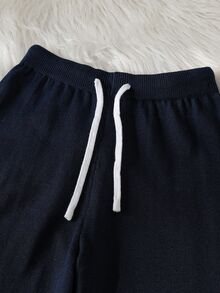 Minimalist Striped Tween Girl Crew Neck Long Sleeve Sweater And Drawstring Waist Knit Pants Set - Navy Blue - View 4
