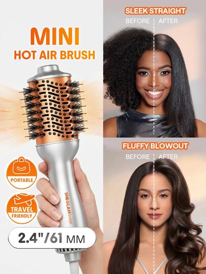 SHEGLAM HAIR Travel Buddy Mini Hot Air Brush,Hair Blow Dryer Brush,Redefine Frizzy Styles,35000RPM Motor Speed & 2 Adjustable Temps,Adds Shine,Volume & Fullness For Smooth,Anti-Frizz Straight & Universal Voltage For Curl & Blowout Styles