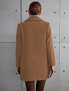 SHEIN 秋冬季女士纯色翻领长袖单排扣休闲大衣 - 棕色 - 查看 2