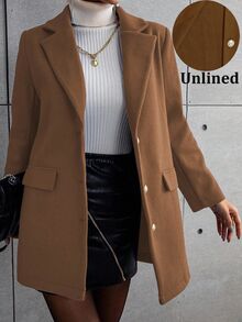 SHEIN 秋冬季女士纯色翻领长袖单排扣休闲大衣 - 棕色 - 查看 3
