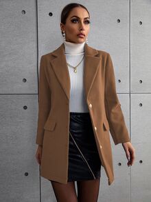 SHEIN 秋冬季女士纯色翻领长袖单排扣休闲大衣 - 棕色 - 查看 9