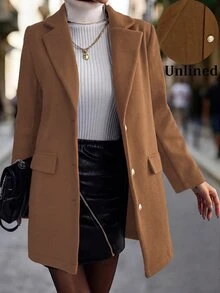 SHEIN 秋冬季女士纯色翻领长袖单排扣休闲大衣 - 棕色 - 查看 1