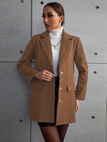 SHEIN 秋冬季女士纯色翻领长袖单排扣休闲大衣 - 棕色 - 查看 4
