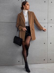 SHEIN 秋冬季女士纯色翻领长袖单排扣休闲大衣 - 棕色 - 查看 6