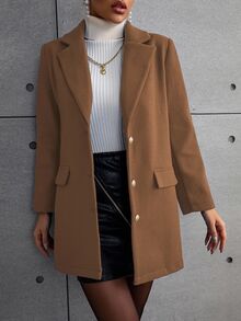 SHEIN 秋冬季女士纯色翻领长袖单排扣休闲大衣 - 棕色 - 查看 5