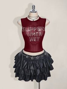 SHEIN ICON Y2k 夏季黑色网纱透视性感水钻亮片女士水钻字母网纱露背紧身吊带背心 - 酒紅色 - 查看 8