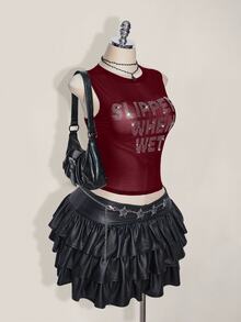 SHEIN ICON Y2k 夏季黑色网纱透视性感水钻亮片女士水钻字母网纱露背紧身吊带背心 - 酒紅色 - 查看 4