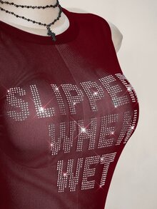 SHEIN ICON Y2k 夏季黑色网纱透视性感水钻亮片女士水钻字母网纱露背紧身吊带背心 - 酒紅色 - 查看 7