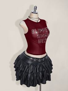 SHEIN ICON Y2k 夏季黑色网纱透视性感水钻亮片女士水钻字母网纱露背紧身吊带背心 - 酒紅色 - 查看 5
