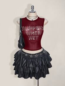 SHEIN ICON Y2k 夏季黑色网纱透视性感水钻亮片女士水钻字母网纱露背紧身吊带背心 - 酒紅色 - 查看 3