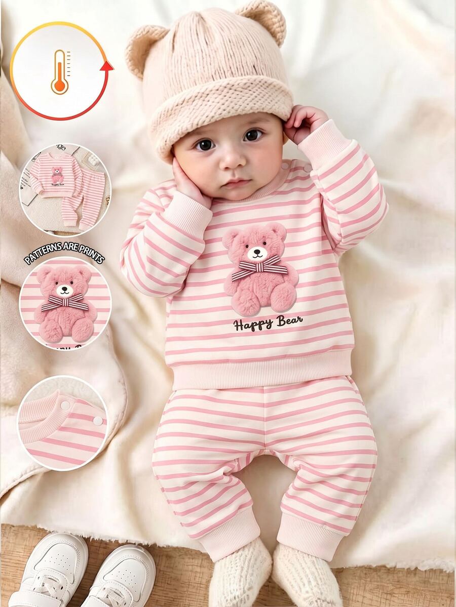 SHEIN Playful Pals 新生女嬰可愛甜美條紋熊仿刺繡印花圓領長袖抓絨衛衣褲套裝，柔軟面料，適合秋冬外出穿著 - 彩色 - 查看 1