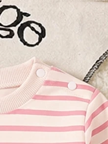 SHEIN Playful Pals 新生女嬰可愛甜美條紋熊仿刺繡印花圓領長袖抓絨衛衣褲套裝，柔軟面料，適合秋冬外出穿著 - 彩色 - 查看 5