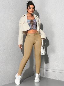 SHEIN ICON 女款大尺碼棕色牛仔褲，秋季休閒商務風、高腰修身、鈕扣開襟，適合外出與日常穿著 - 黃色 - 查看 4