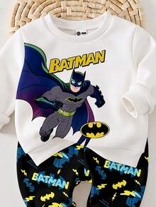 BATMAN X SHEIN 2件組男嬰卡通蝙蝠圖案圓領長袖抓絨衛衣與印花酷運動長褲套裝，適合秋冬，白色衛衣上衣 - 彩色 - 查看 2