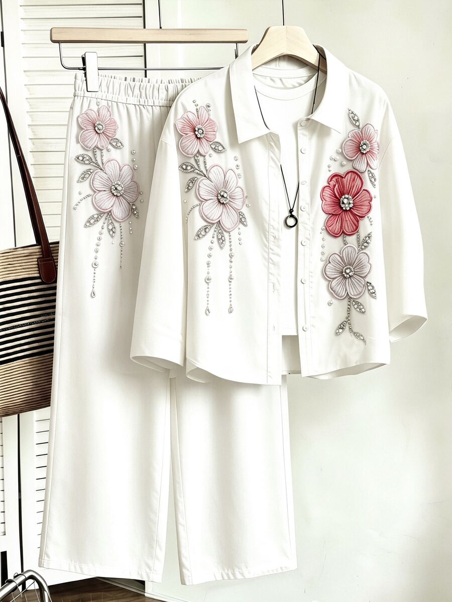 SHEIN [印花設計] 青少年女孩秋季套裝，花卉襯衫與寬腿褲兩件套，旅行日常穿搭，時尚，畢業，層次感，健身房，街頭風
