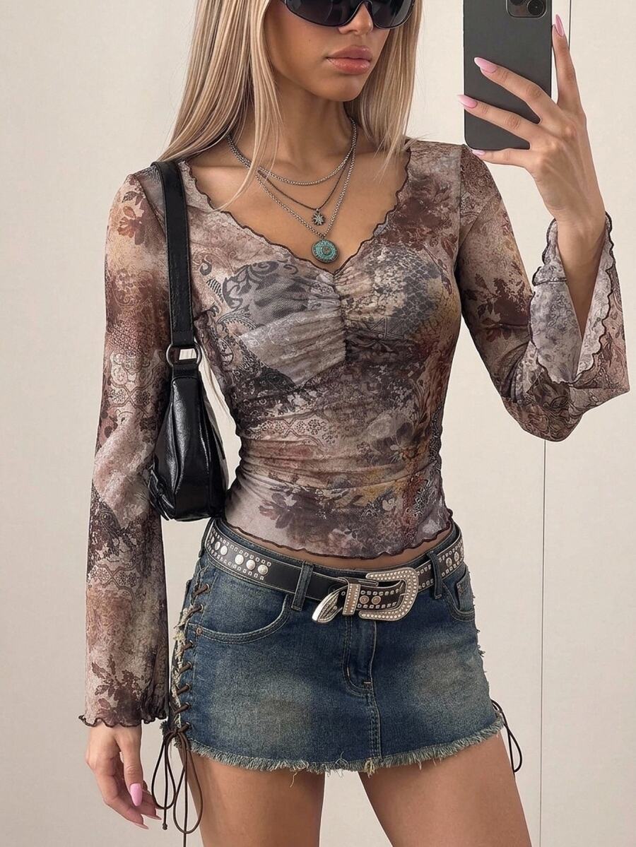SHEIN ICON 秋季女士西部波西米亚风蓝绿色印花V领褶皱优雅长袖衬衫 - 棕色 - 查看 1