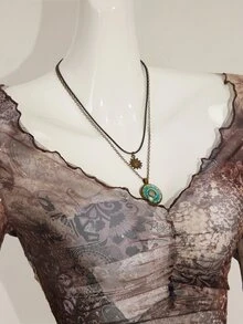 SHEIN ICON 秋季女士西部波西米亚风蓝绿色印花V领褶皱优雅长袖衬衫 - 棕色 - 查看 6
