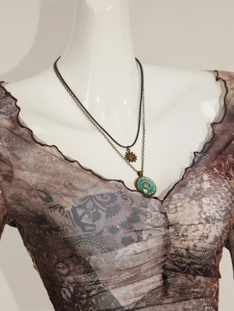 SHEIN ICON 秋季女士西部波西米亚风蓝绿色印花V领褶皱优雅长袖衬衫 - 棕色 - 查看 6