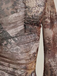 SHEIN ICON 秋季女士西部波西米亚风蓝绿色印花V领褶皱优雅长袖衬衫 - 棕色 - 查看 8