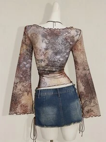 SHEIN ICON 秋季女士西部波西米亚风蓝绿色印花V领褶皱优雅长袖衬衫 - 棕色 - 查看 2