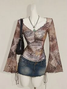 SHEIN ICON 秋季女士西部波西米亚风蓝绿色印花V领褶皱优雅长袖衬衫 - 棕色 - 查看 3