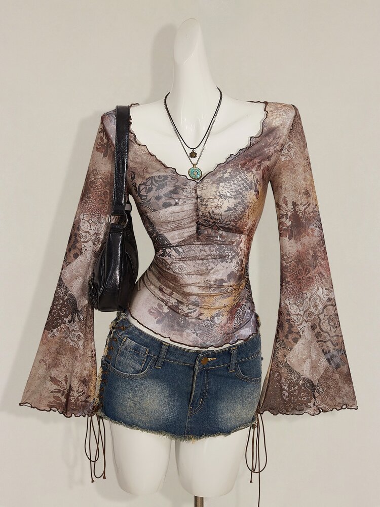 SHEIN ICON 秋季女士西部波西米亚风蓝绿色印花V领褶皱优雅长袖衬衫 - 棕色 - 查看 3